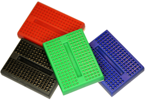 Color solderless breadboards (red, blue, black, and green) with 170 tie points